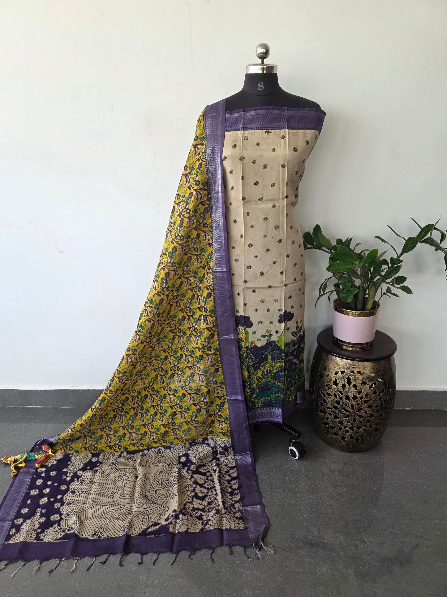 Kalamkari katha- Chennuri pure kalamkari silk set - AK386