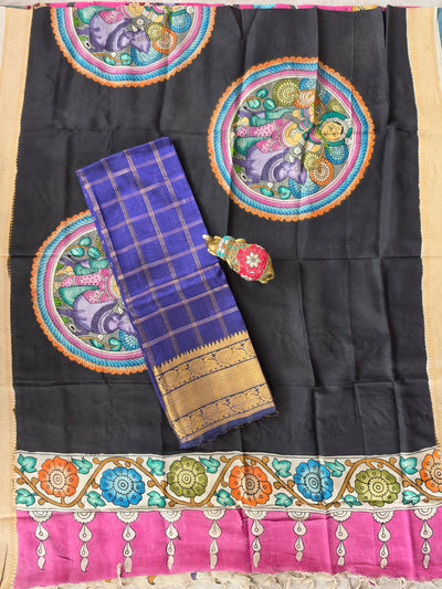 Handloom checked mangalagiri pattu silk top with penkalamkari duppatta -AK580