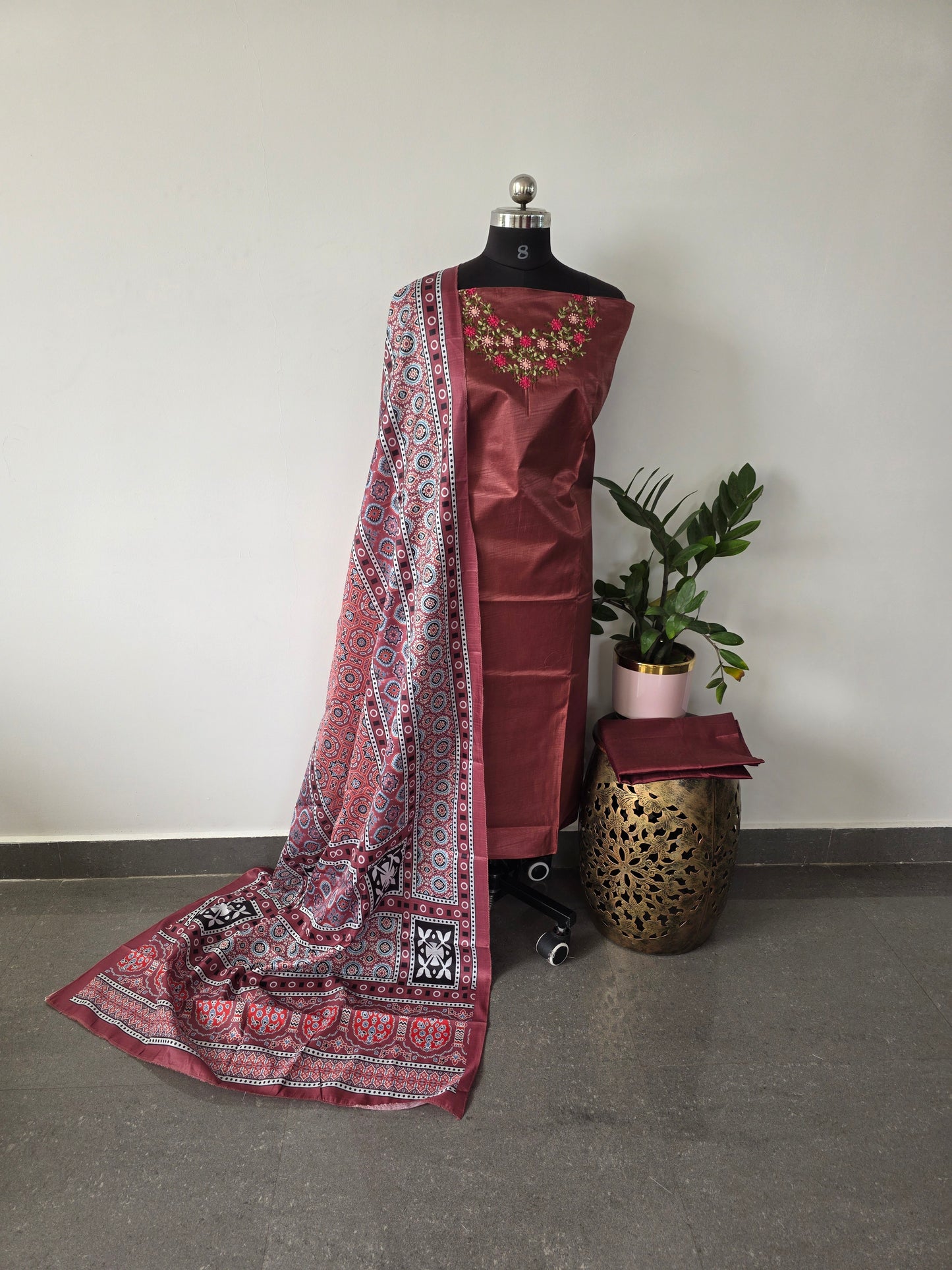 Fancy embroidery silk top with fancy ajrakh silk shawl - ff7