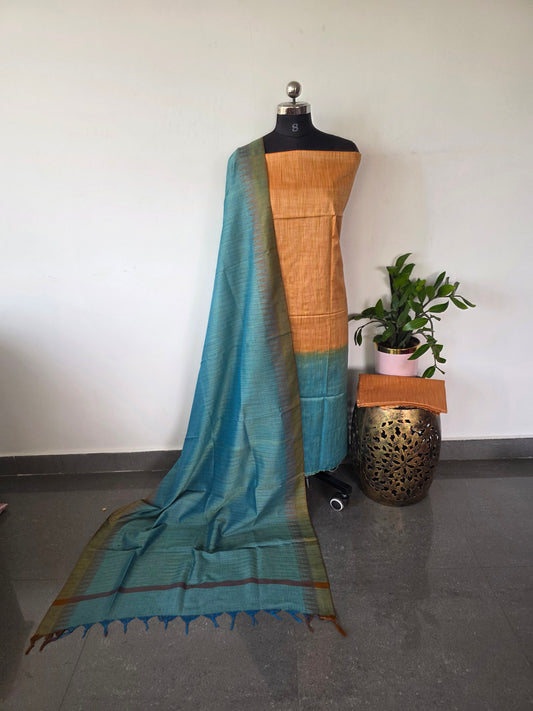 Bhagalpuri Cotton khadi set with temple border silk shawl - BA200