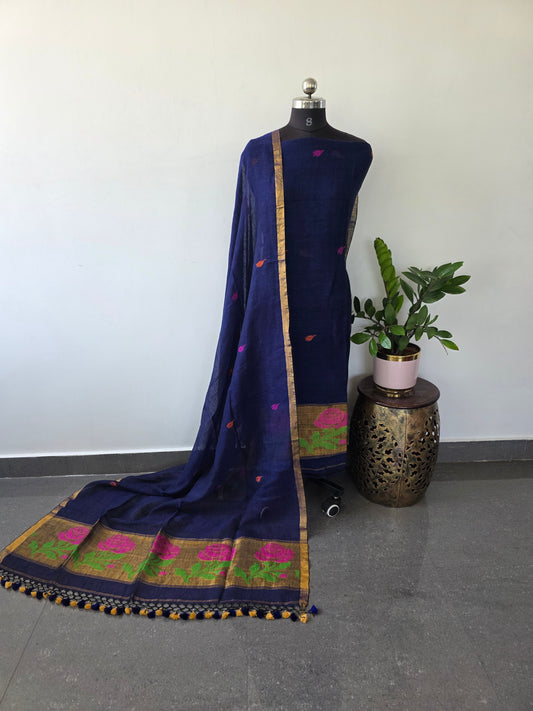 Premium handloom linen paithani jamdhani set (blue)- JMM7