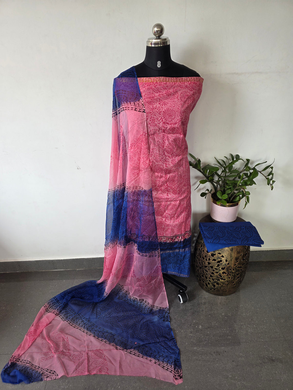 Handblock soft silk set with georgette shawl - GE260