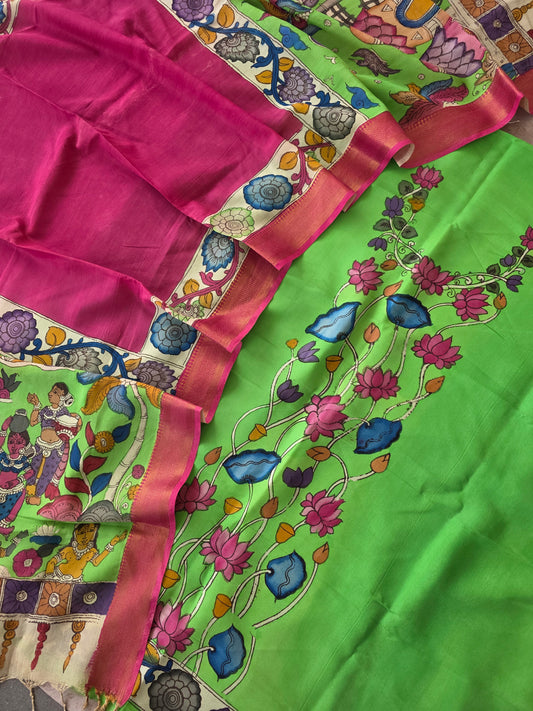 Handcrafted Kalahasthi Penkalamkari bangalore silk set- HP19