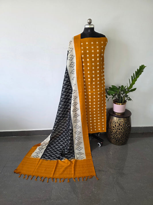 Handloom Double ikkat cotton with weft  mercerised ikkat shawl  - KK48