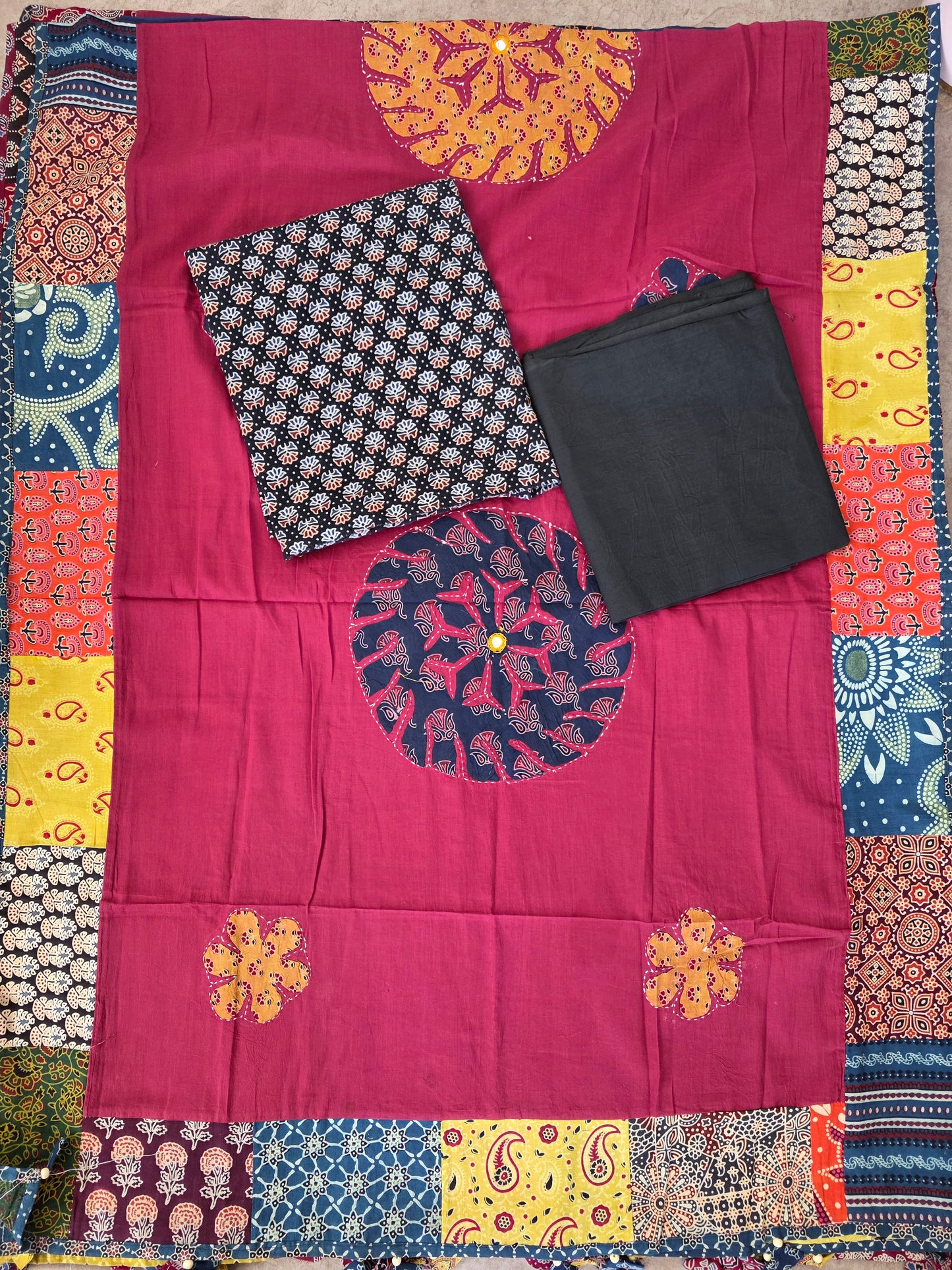 Handcrafted ajrakh cotton top with applique cotton shawl - BAA27