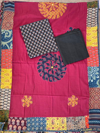 Handcrafted ajrakh cotton top with applique cotton shawl - BAA27