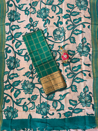 Handloom checked mangalagiri pattu top with chennuri kalamkari duppatta-AK606