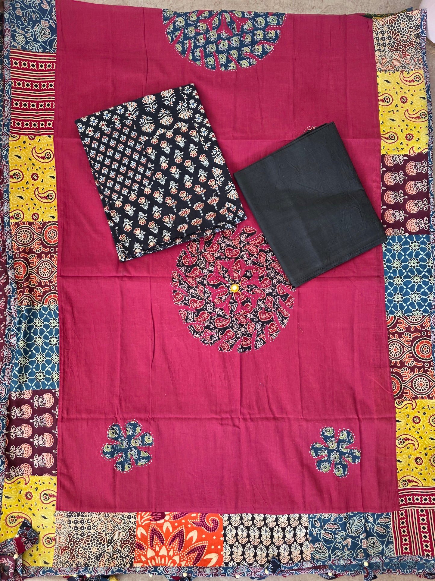 Handcrafted ajrakh cotton top with applique cotton shawl - BAA25
