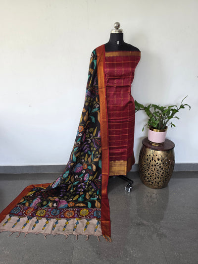 Handloom checked  mangalagiri pattu silk top with penkalamkari duppatta -AK585