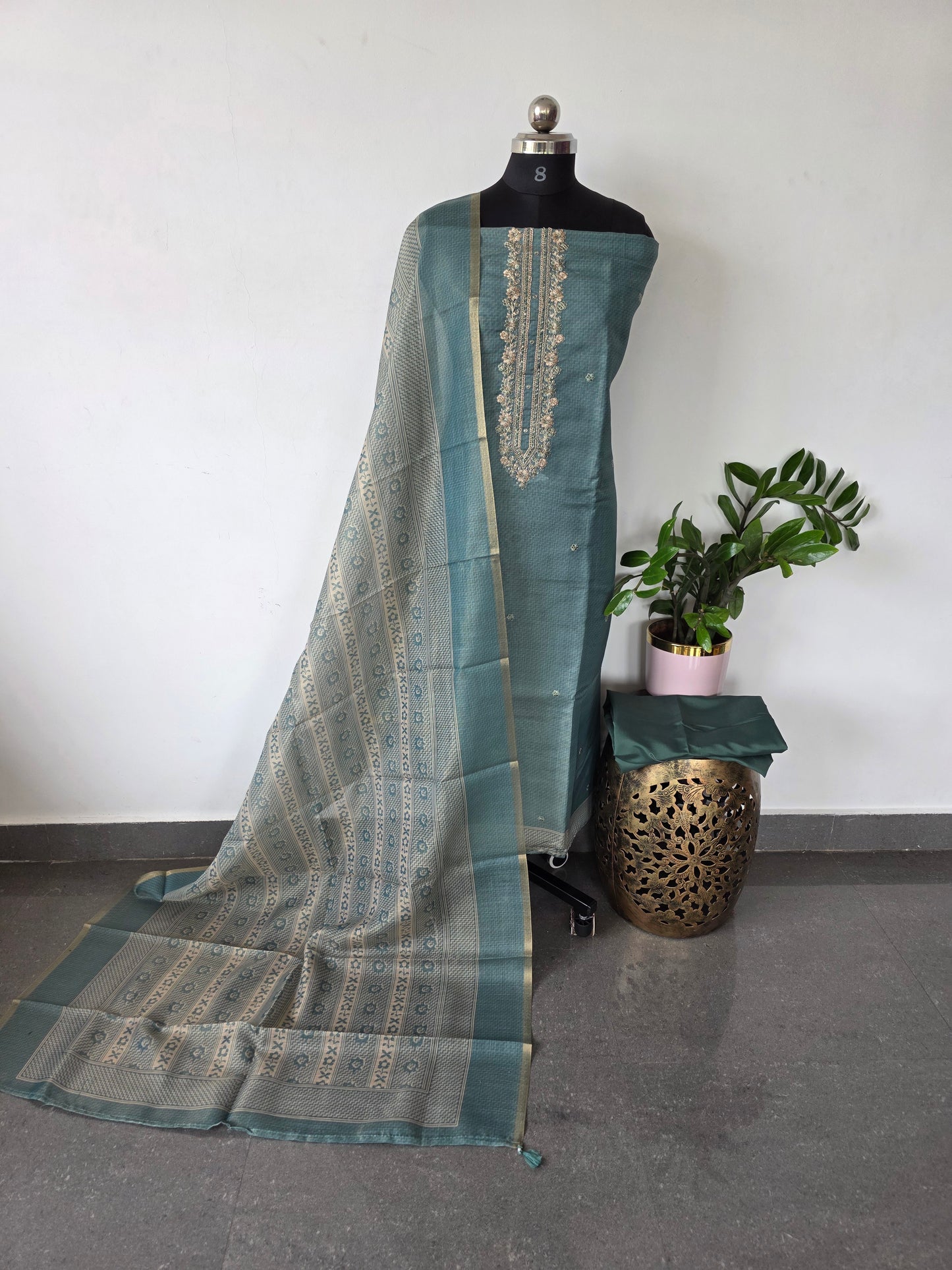 Premium tissue silk with embroidery neck work salwar set - CLA342