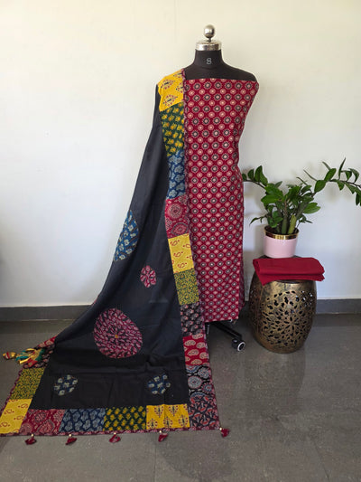 Handcrafted ajrakh cotton top with applique cotton shawl - BAA26