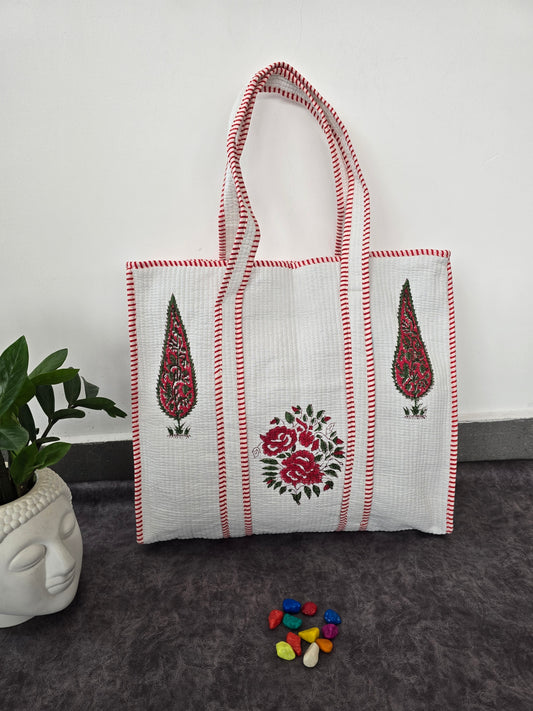 Handblock Jaipuri quilted cotton bag with zipper - QZ44