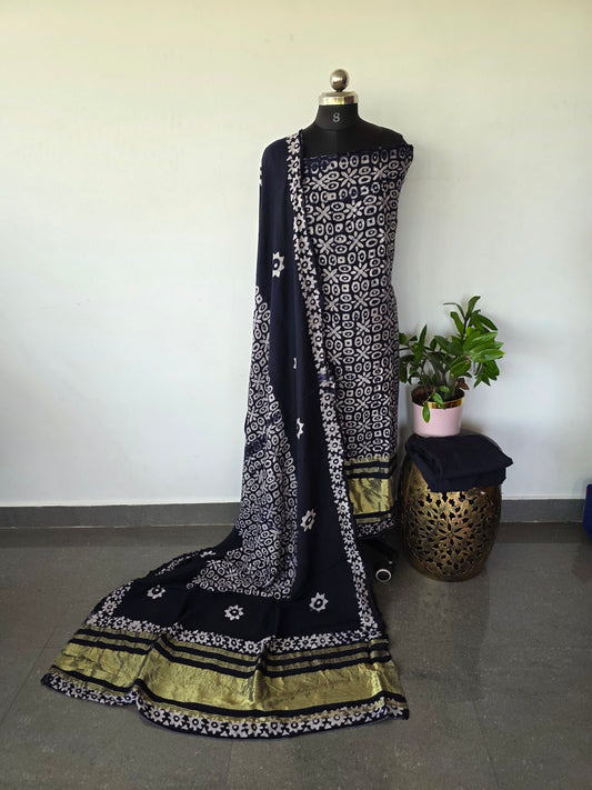 Premium batik silk set with lagdi patta (blue)- BA246