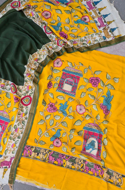 Handcrafted Kalahasthi Penkalamkari bangalore silk set - KH89