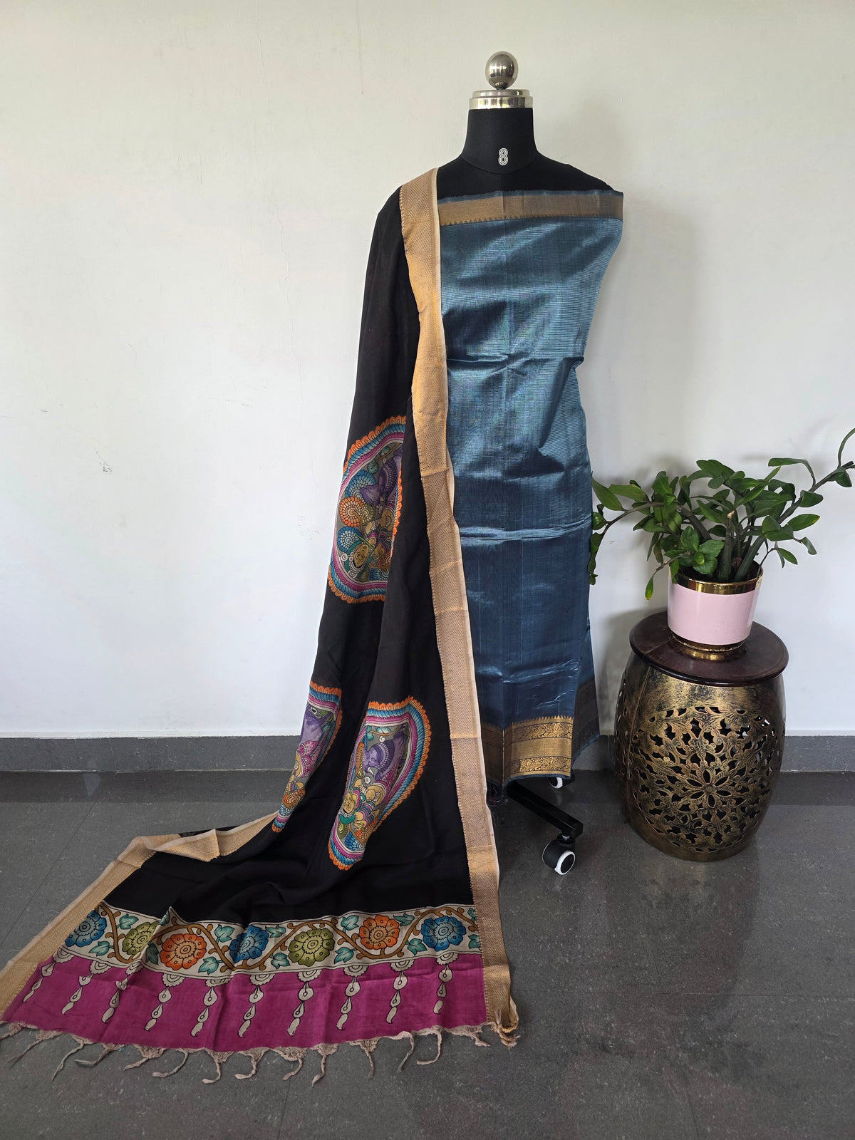 Handloom mangalagiri pattu with penkalamkari duppatta -MP14