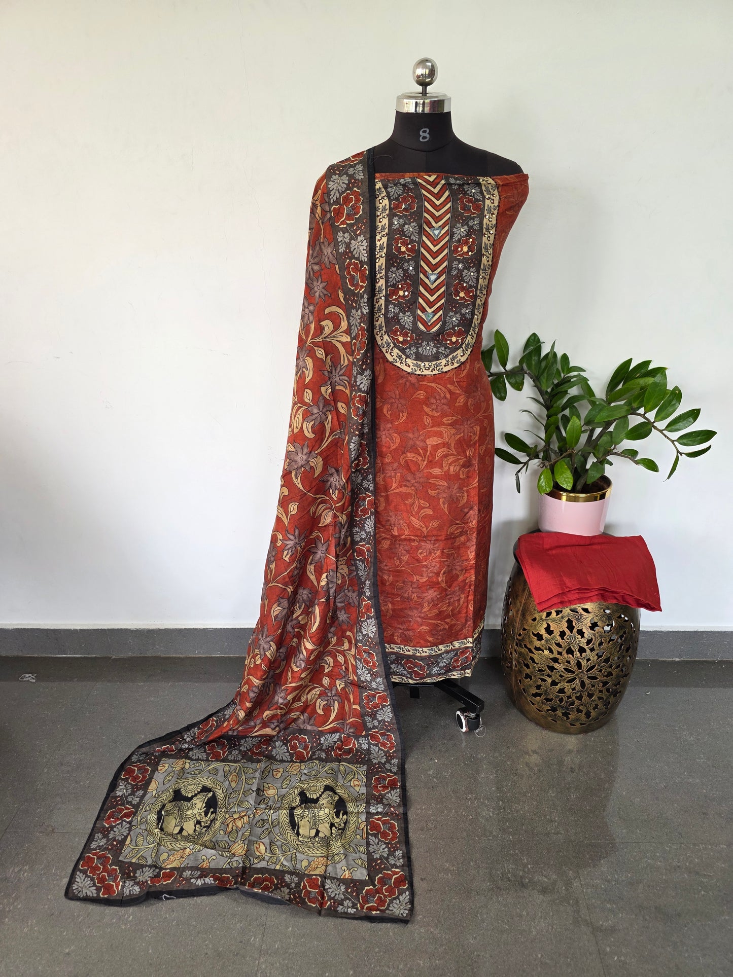 Penkalamkari inspired Muslin silk set-VM52