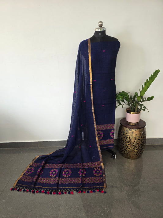 Premium handloom linen jamdhani set( blue) - JMM110