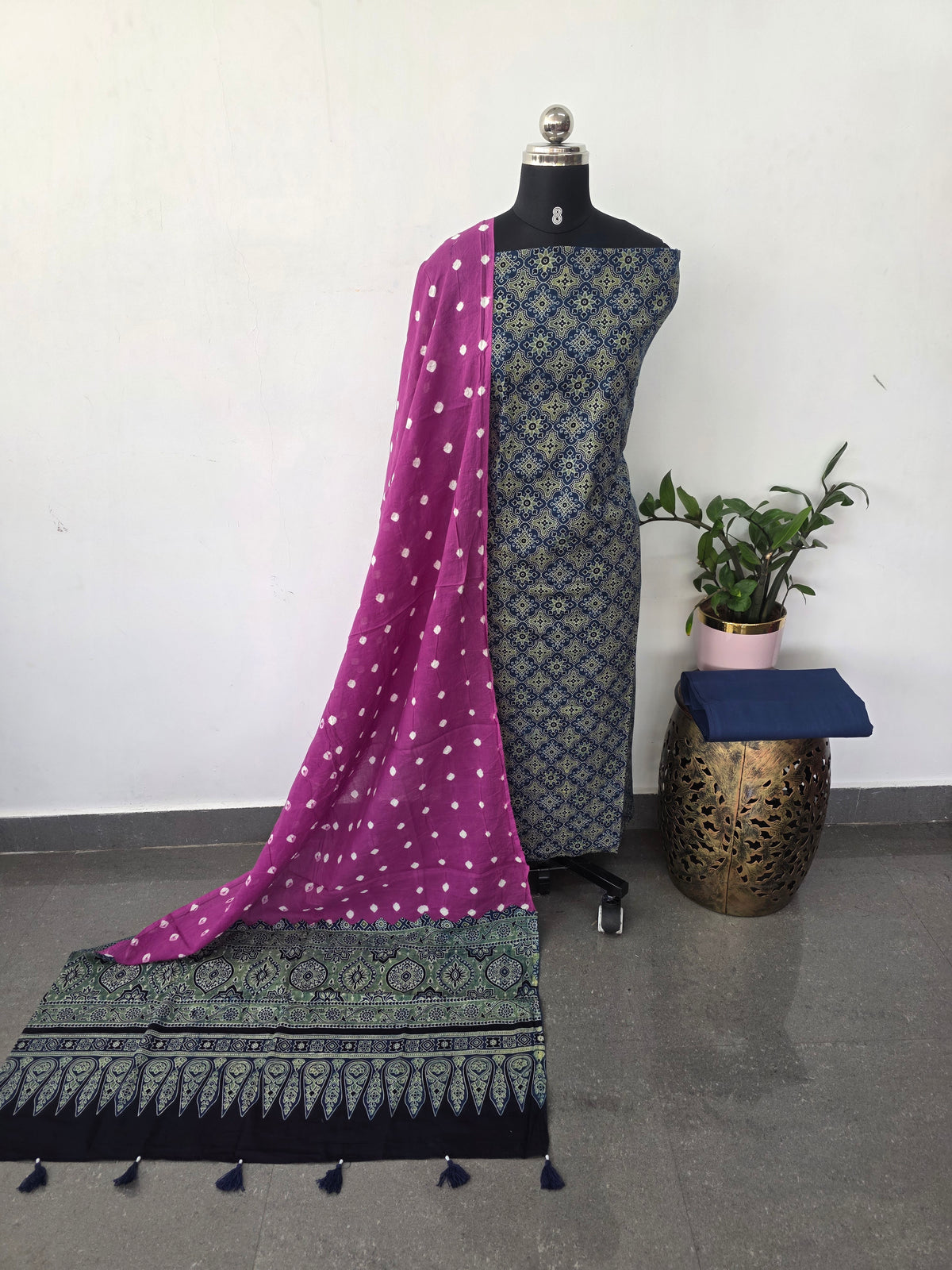 Handcrafted ajrakh cotton set with bandhini duppatta-HZ369