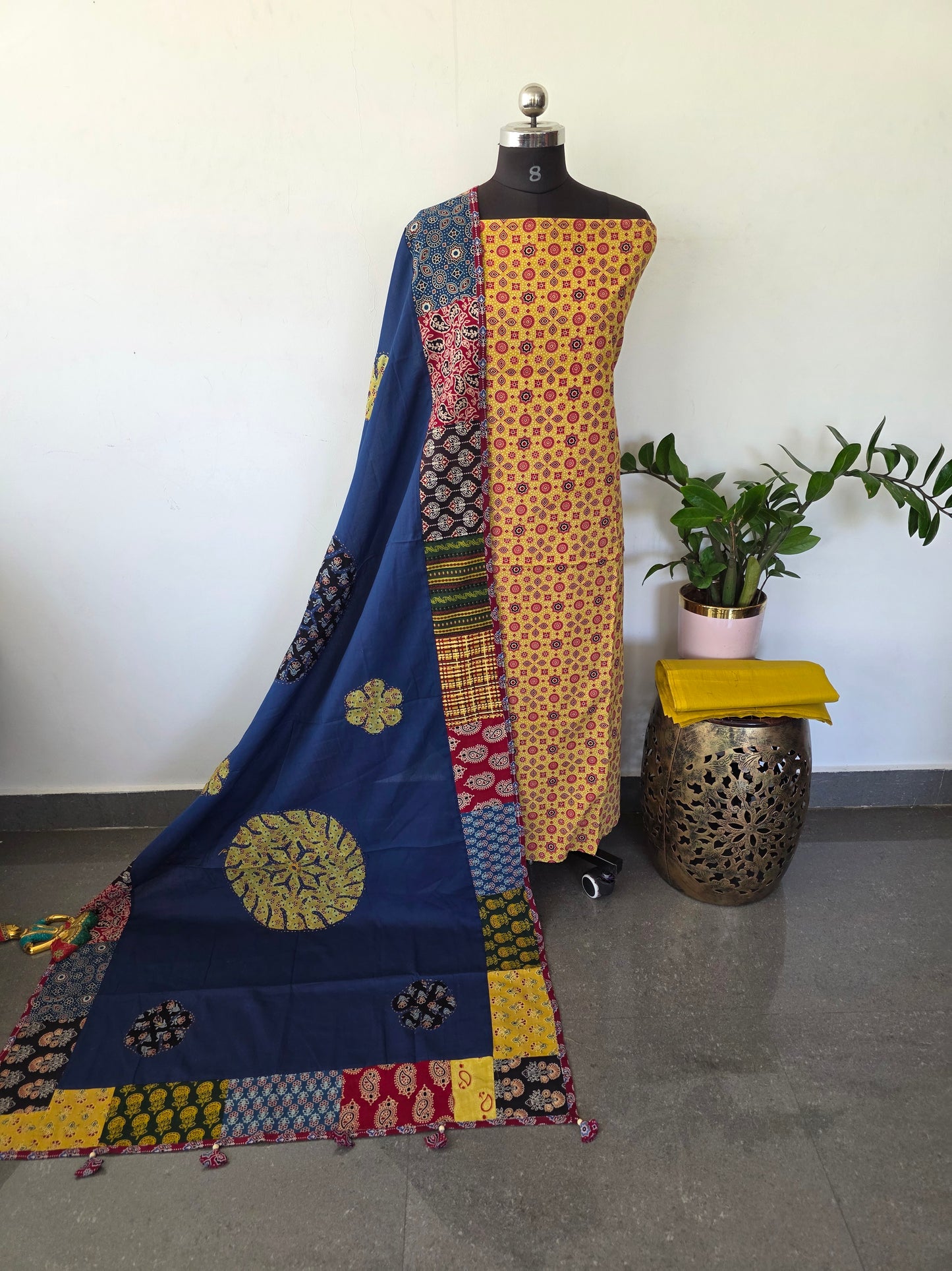 Handcrafted ajrakh cotton top with applique cotton shawl - BAA28