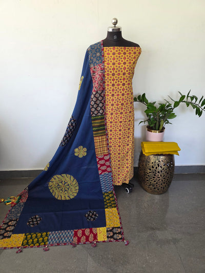 Handcrafted ajrakh cotton top with applique cotton shawl - BAA28