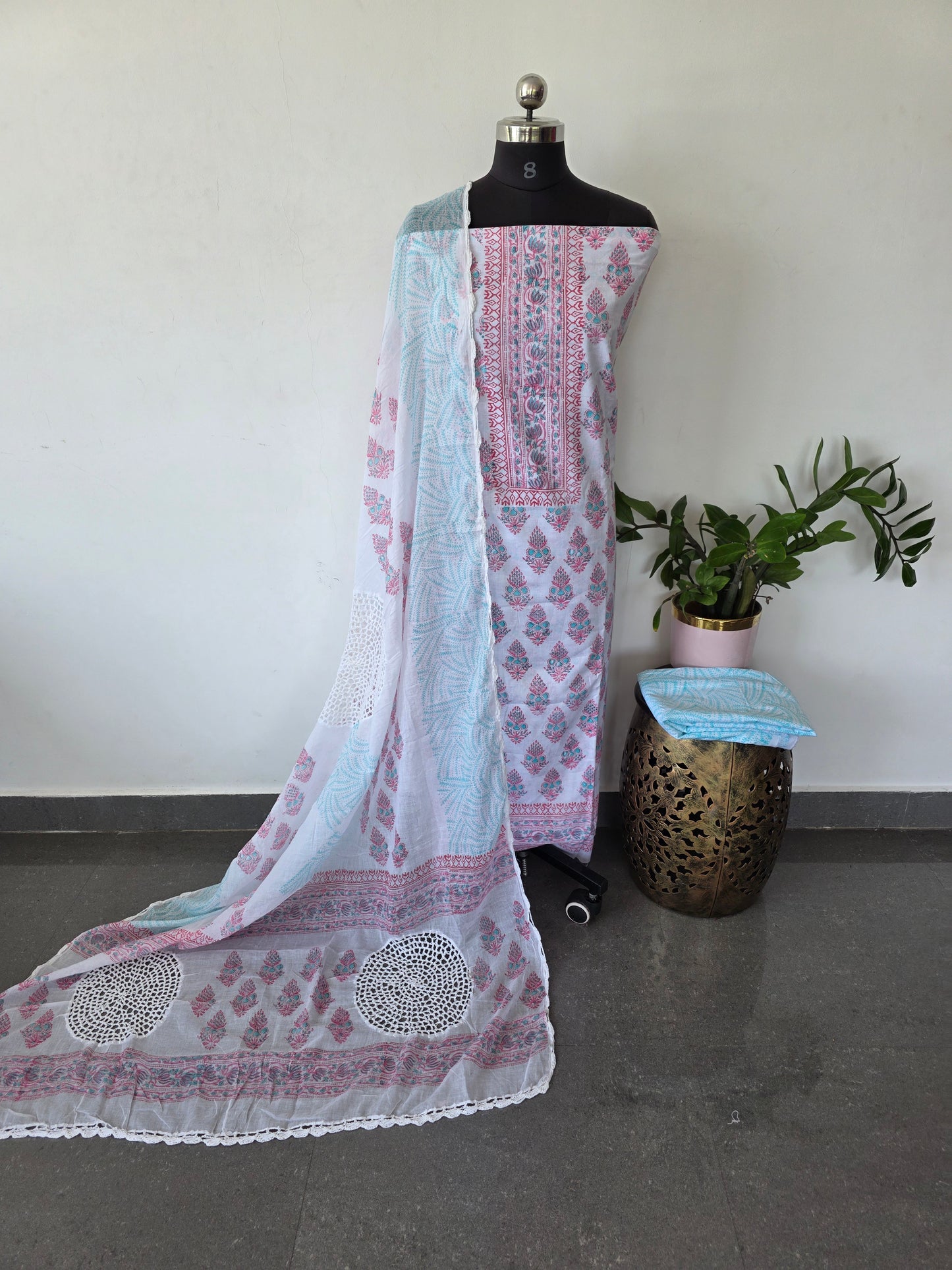 Jaipuri cotton block printed salwar set with crochet work duppatta - AS95