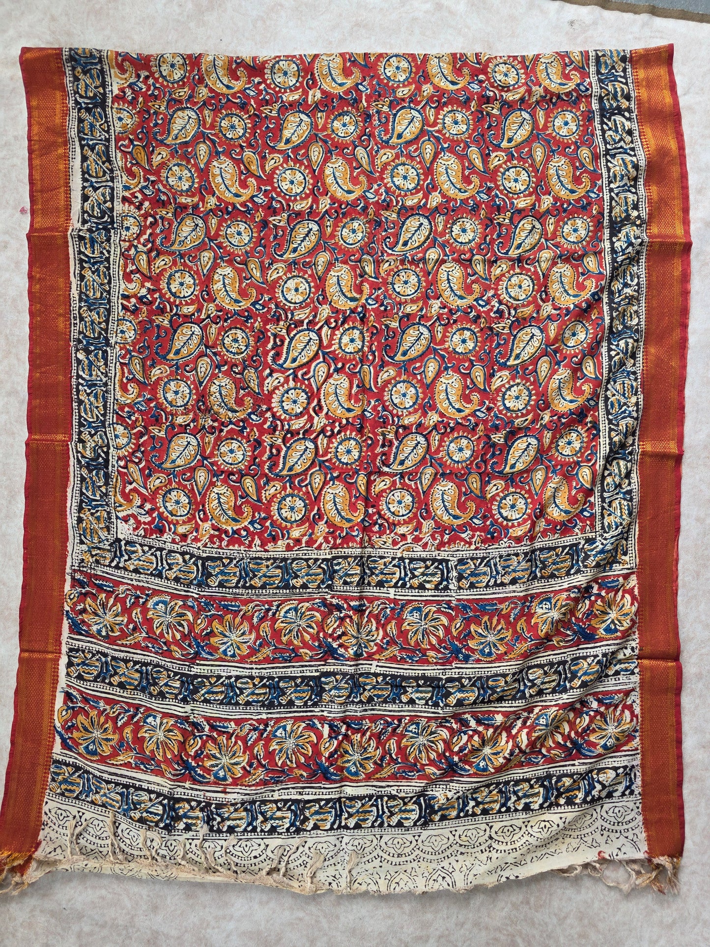 Pure chennuri handblock silk kalamkari with nizam border Dupatta  - 11