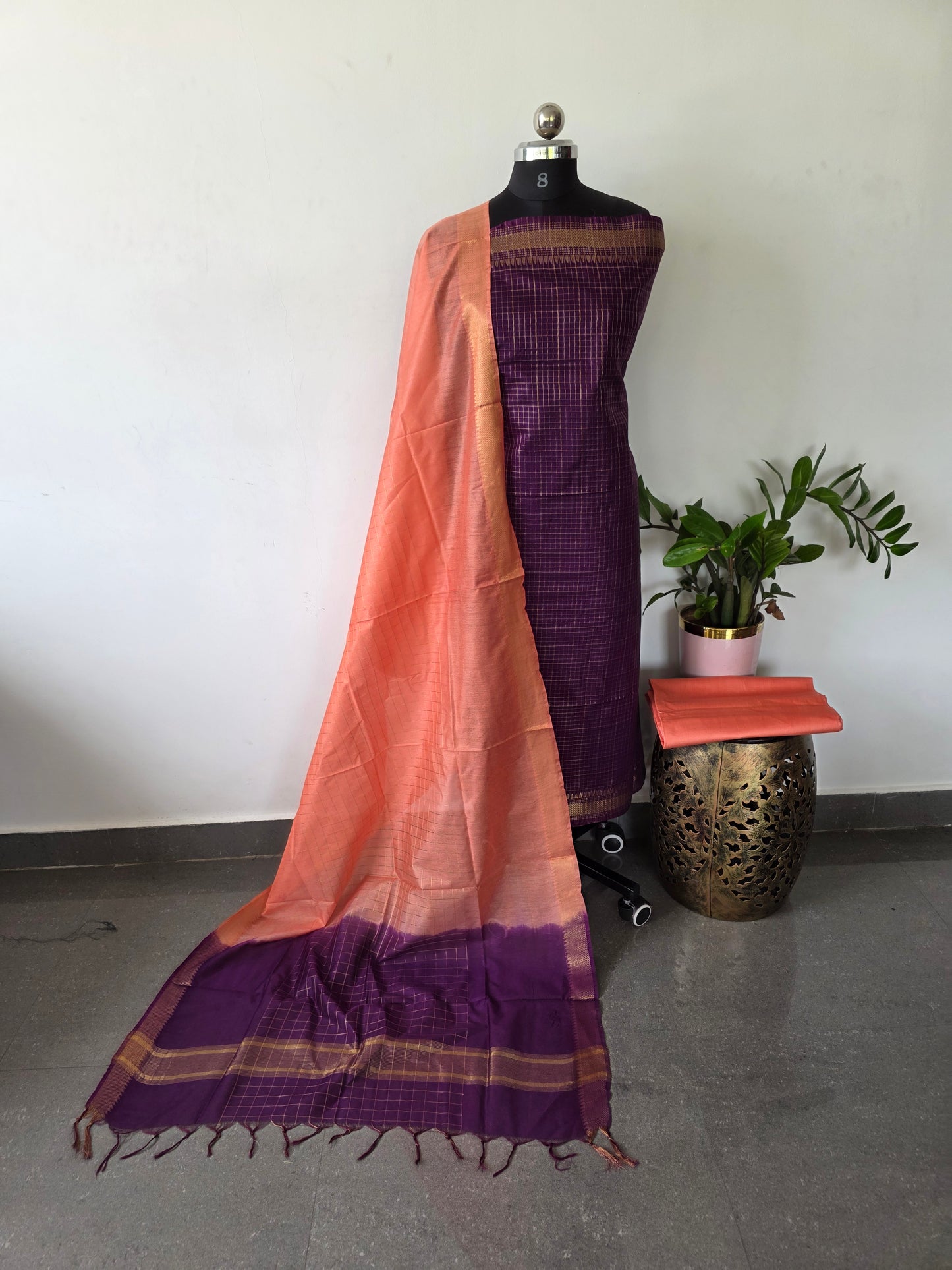 Checked Bhagalpuri fusion mangalagiri silk set - BA330