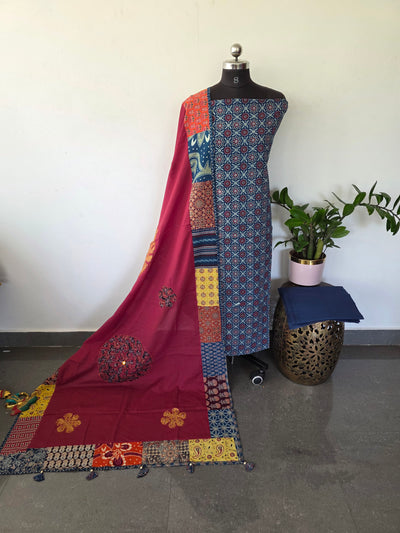 Handcrafted ajrakh cotton top with applique cotton shawl - BAA32