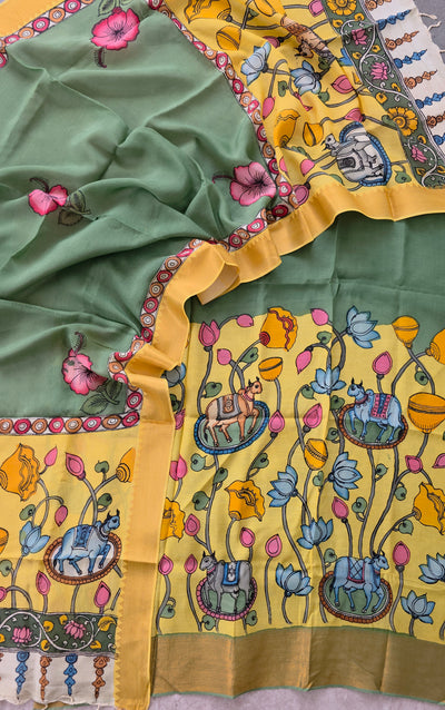 Handcrafted Kalahasthi Penkalamkari bangalore silk set - KH40
