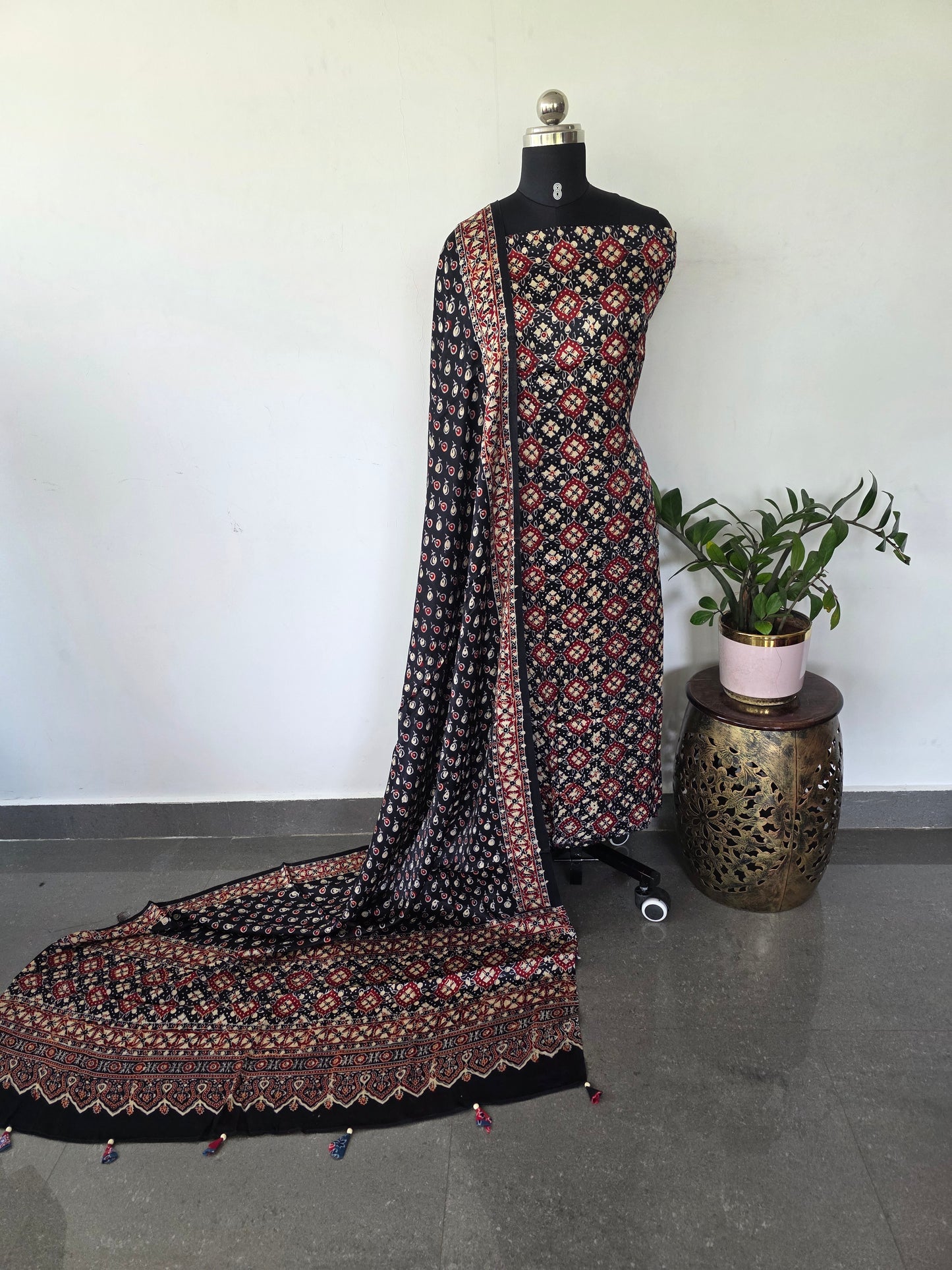 Handcrafted ajrakh modal silk set(Black) - HZ277