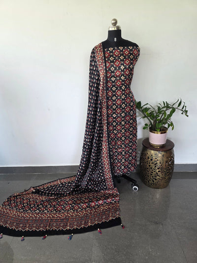 Handcrafted ajrakh modal silk set(Black) - HZ277