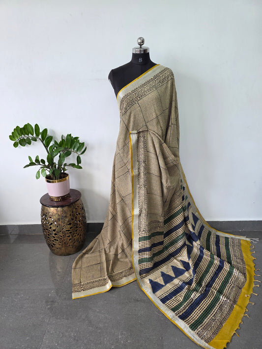 Handblock Jaipuri linen cotton saree - JA821