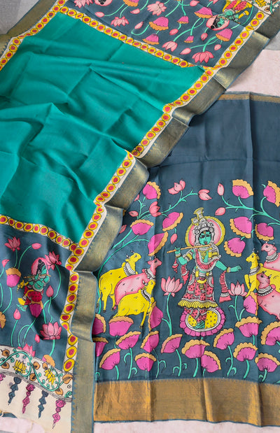 Handcrafted Kalahasthi Penkalamkari bangalore silk set - KH146