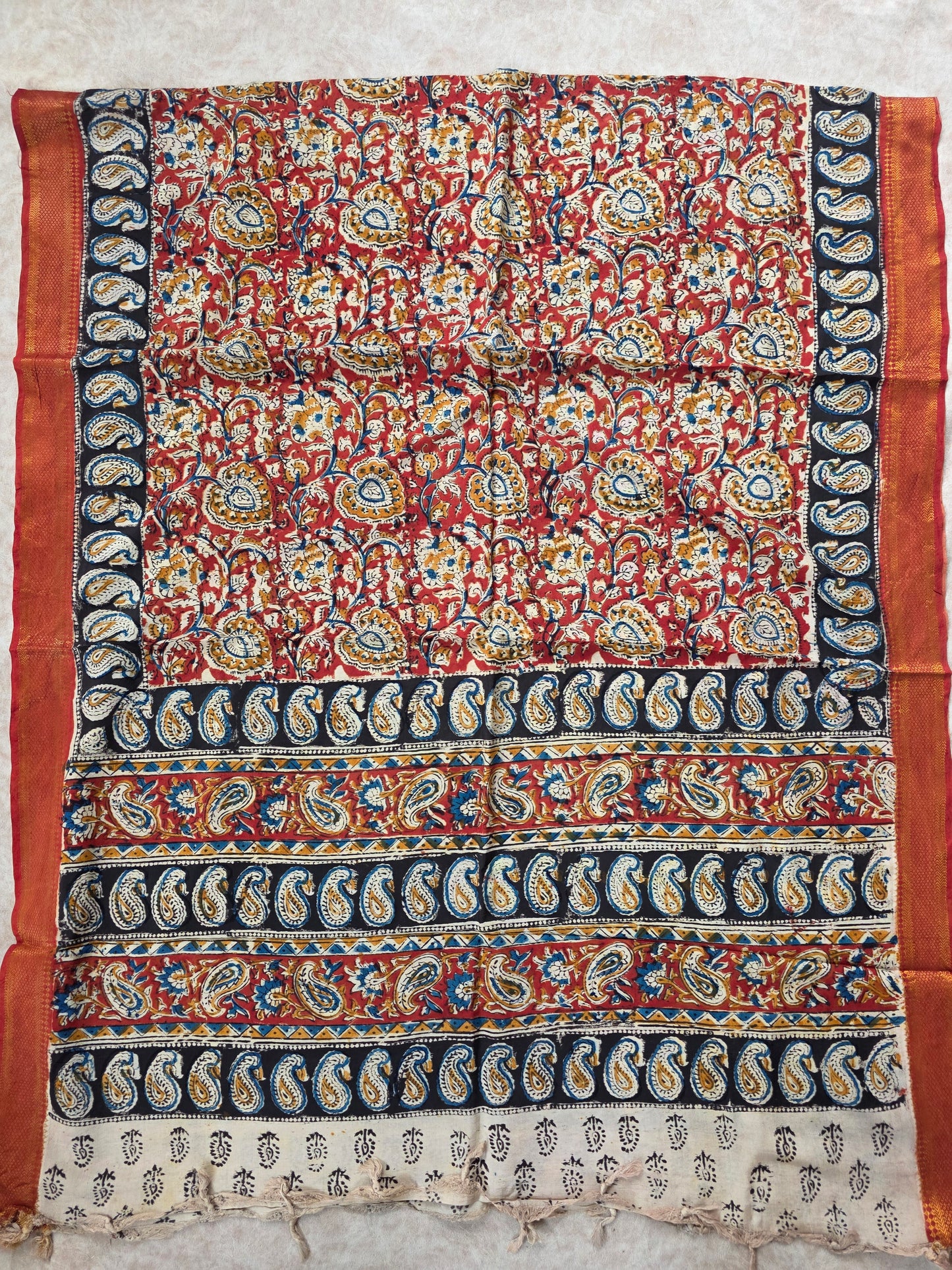 Pure chennuri handblock silk kalamkari with nizam border Dupatta - 4