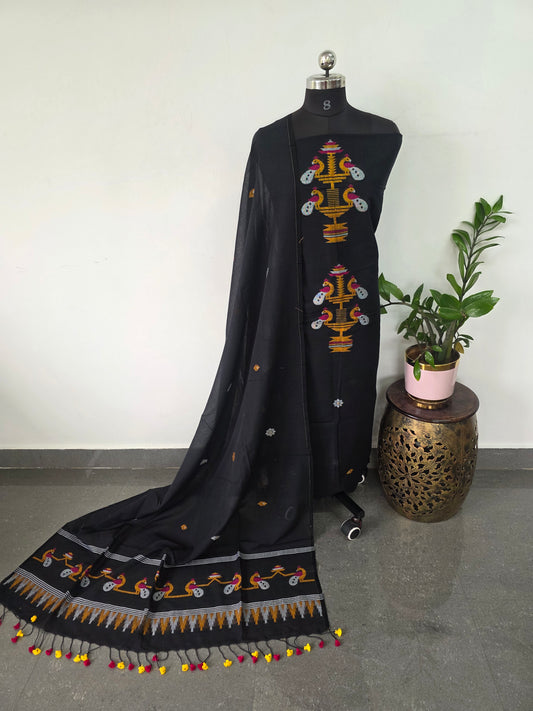 Handloom mul khadi cotton jamdhani set (black) - BB330