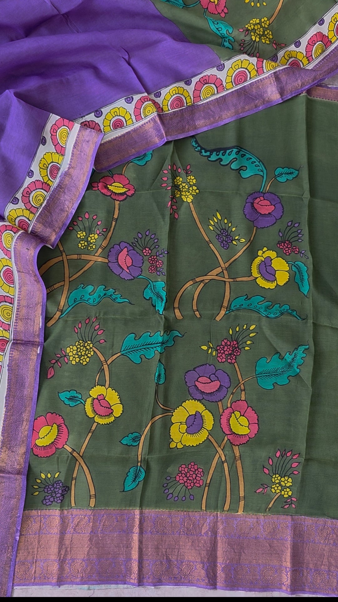 Handcrafted Kalahasthi Penkalamkari bangalore silk set - KH11