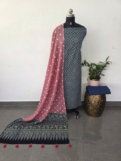 Handcrafted ajrakh cotton set with bandhini duppatta-HZ368