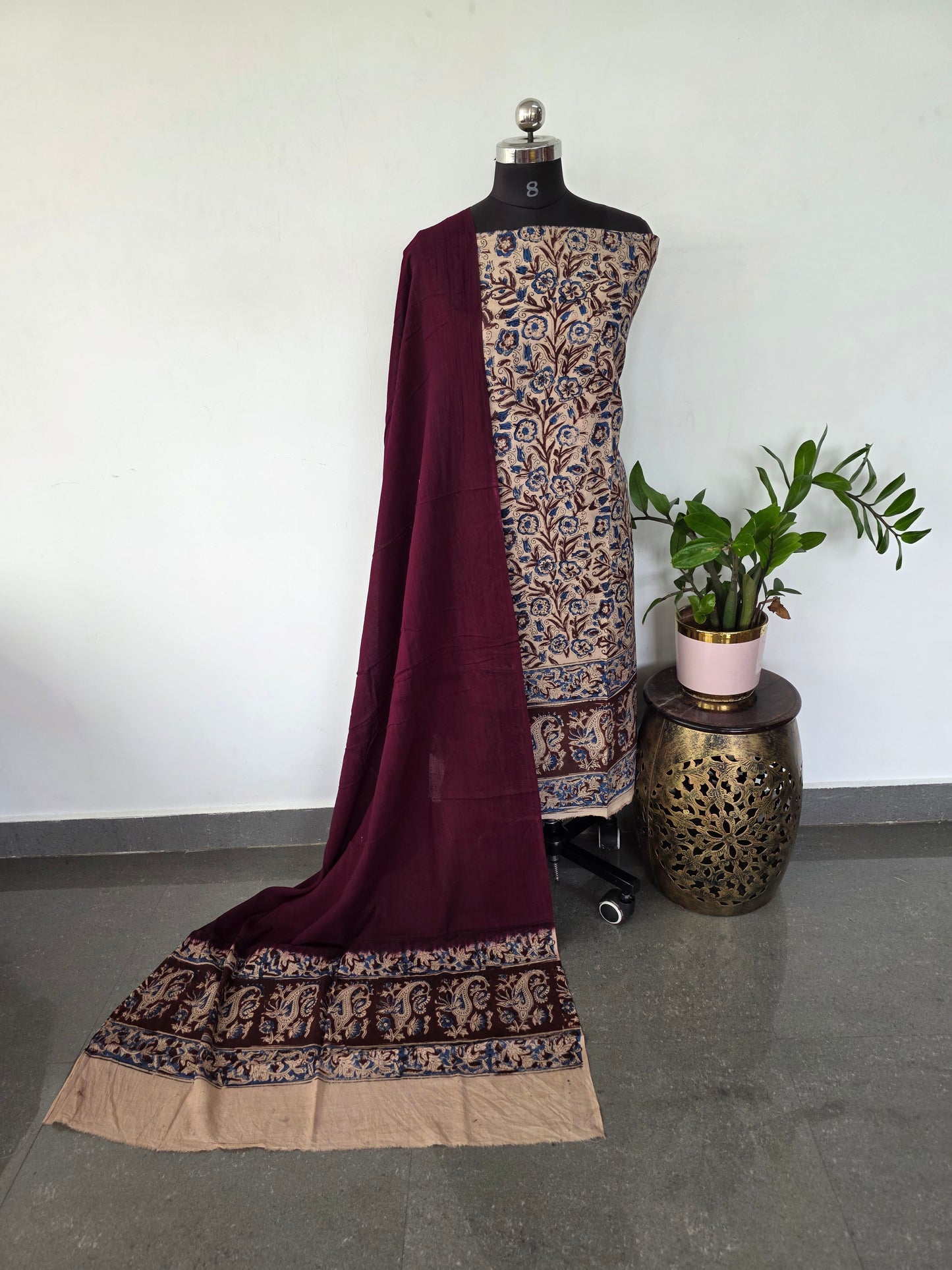 Handblock pure kalamkari cotton with border ( 2 pc set )- AK194