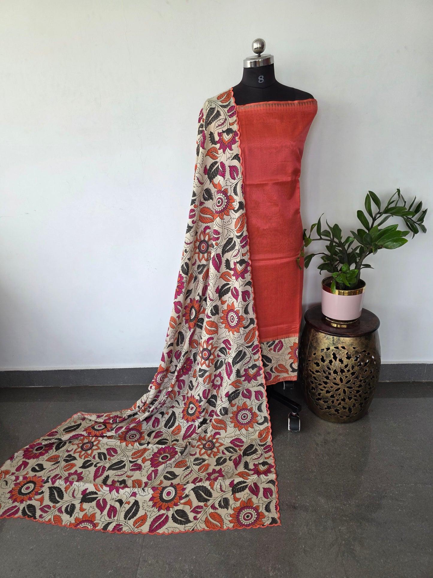 Handloom fusion mangalagiri  kalamkari gap border  silk salwar set - AK278