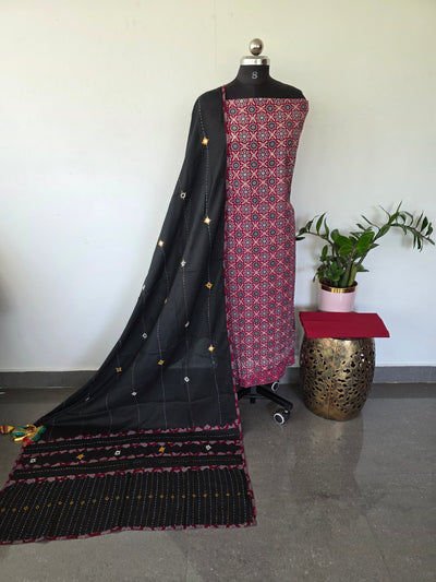 Handcrafted ajrakh cotton top kantha with mirror work cotton shawl - BAA52