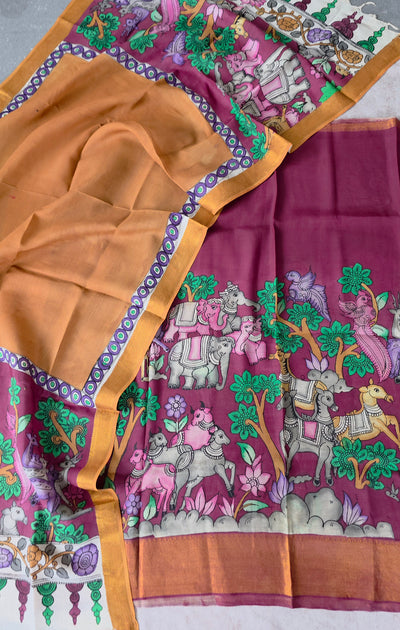 Handcrafted Kalahasthi Penkalamkari bangalore silk set - KH154