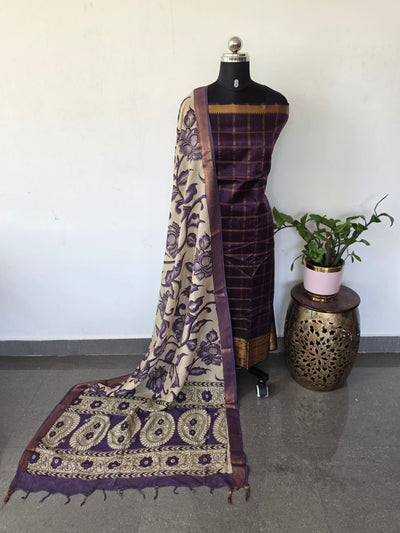 Handloom checked mangalagiri pattu top with chennuri kalamkari duppatta-AK614