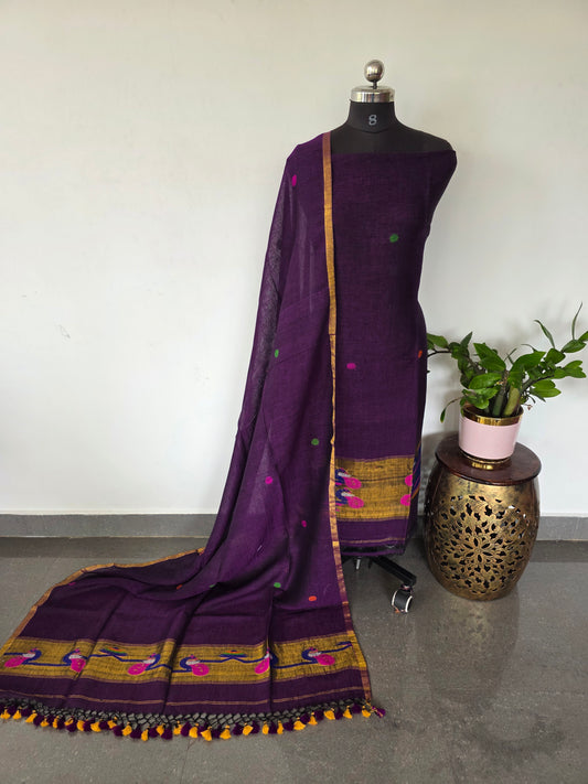 Premium handloom linen Paithani jamdhani set - JMM331