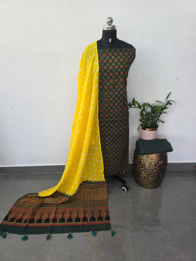 Handcrafted ajrakh cotton set with bandhini duppatta(Green)-HZ370