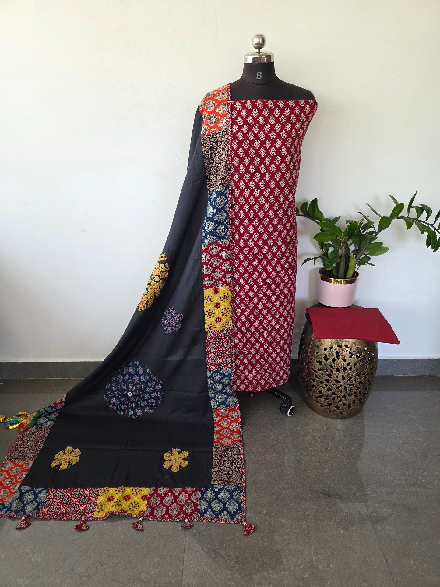 Handcrafted ajrakh cotton top with applique cotton shawl - BAA36