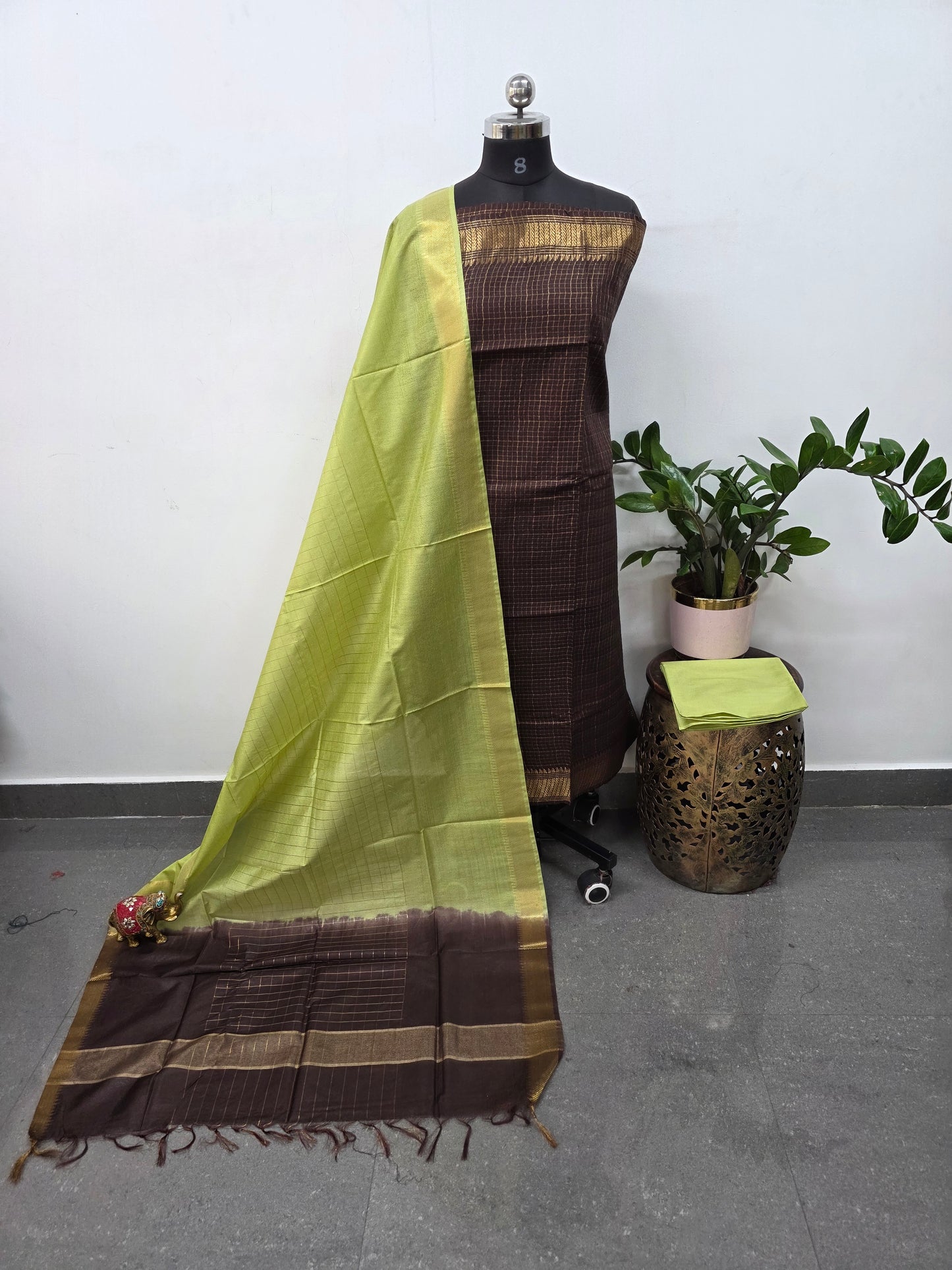 Checked Bhagalpuri fusion mangalagiri silk set - BA526