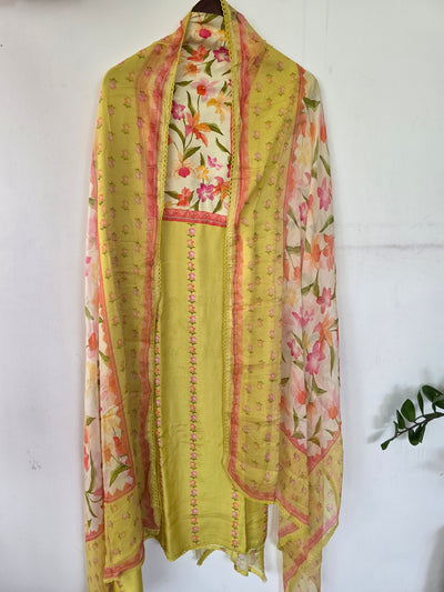 Floral Muslin silk set with pure chiffon shawl-VM51
