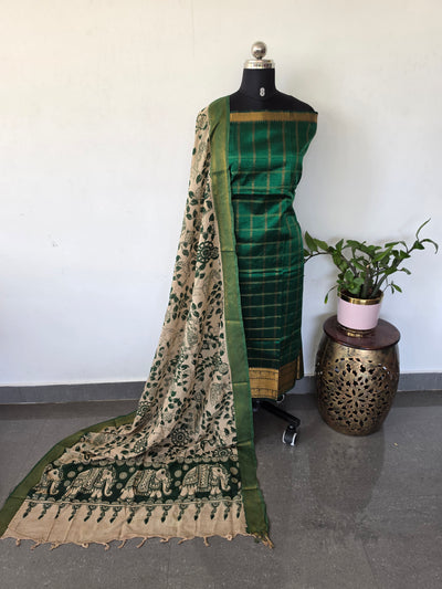 Handloom checked mangalagiri pattu top with chennuri kalamkari duppatta -AK612