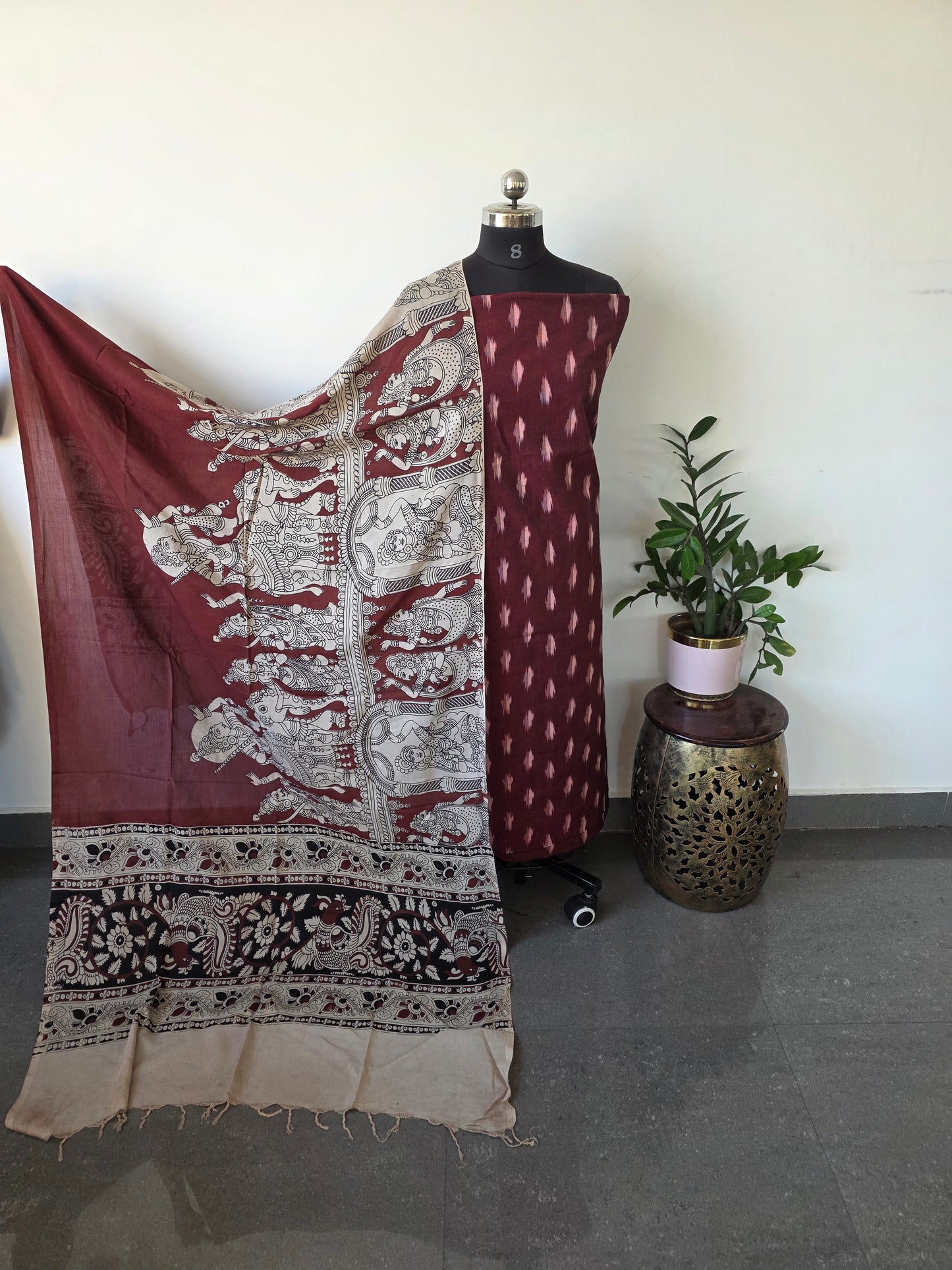 Pochampally ikkat cotton top with chennuri silk kalamkari shawl - WS5