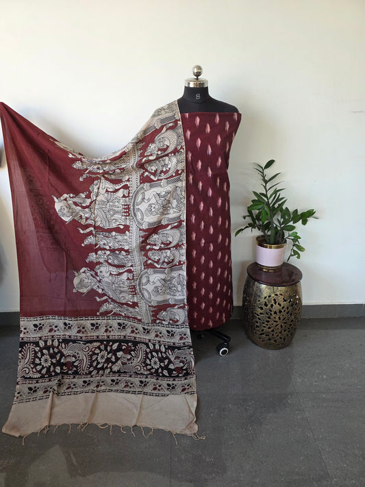 Pochampally ikkat cotton top with chennuri silk kalamkari shawl - WS5